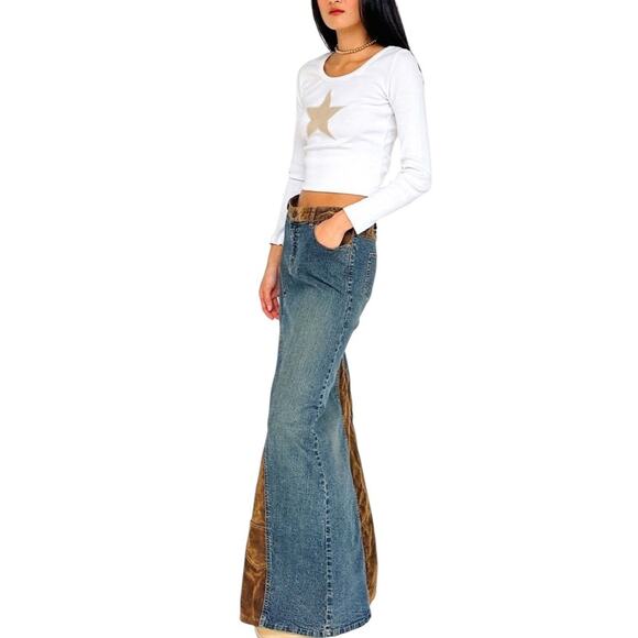 Vintage Forenza Long Denim & Velvet Maxi Skirt Womens 6 Boho Hippie Grunge Y2K - Picture 2 of 14